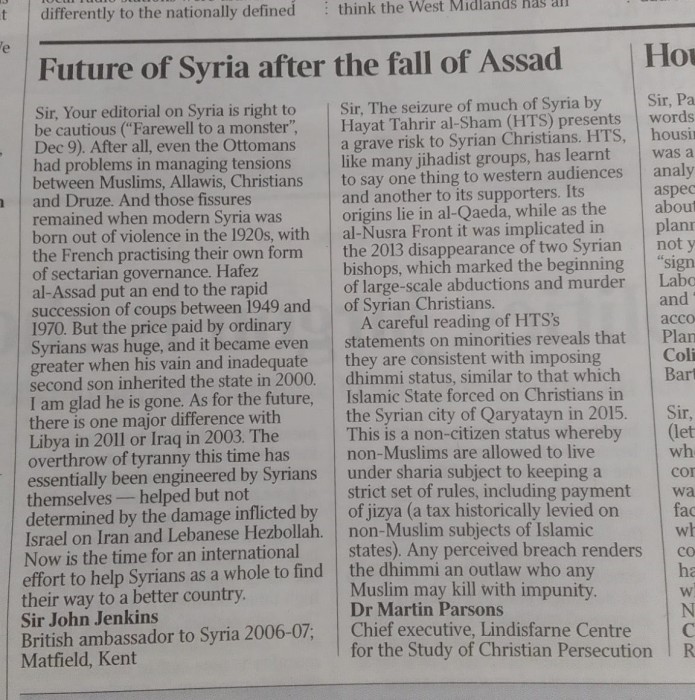 The Lindisfarne Centre for the Study of Christian Persecution blog image - Letter in the Times (10 Dec 2024)