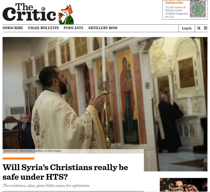 The Lindisfarne Centre for the Study of Christian Persecution blog image - Will Syria’s Christians really be safe under HTS? (The Critic 27 Dec 2024)
